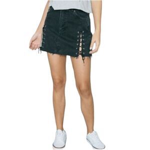 TOPSHOP Moto black mini skirt lace up goth raw‎ hem distressed 8